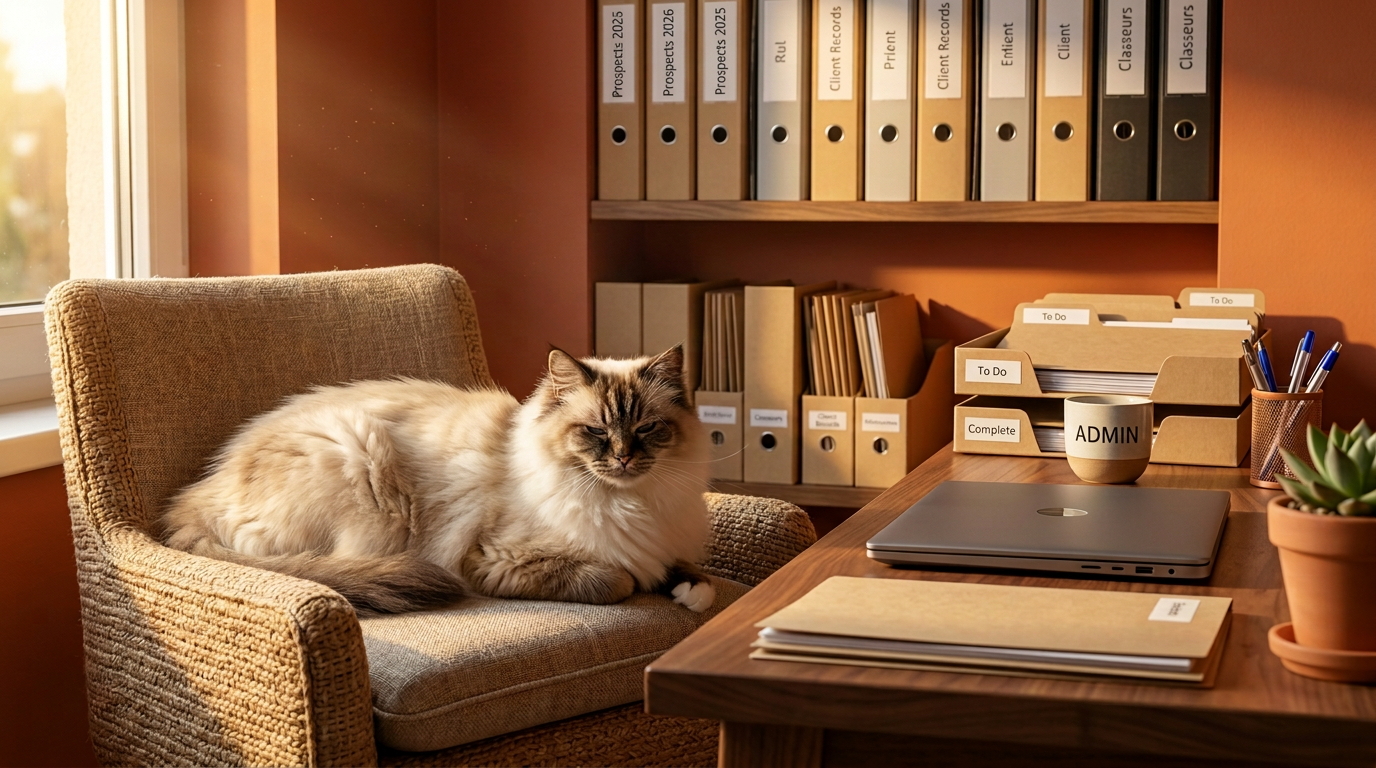 Espace de travail administratif chaleureux avec classeurs, bannettes et un chat sacré de Birmanie couché sur un fauteuil